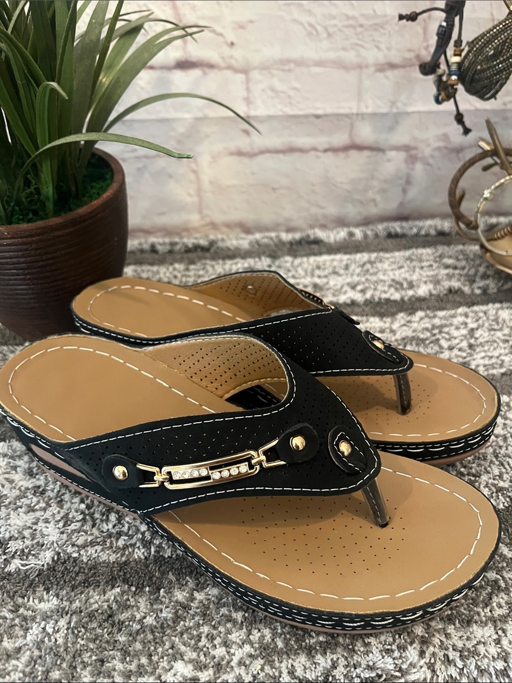 Black and Tan Embellished Thong Sandals - Picture 3 of 10